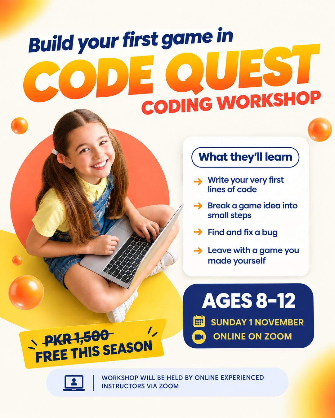 Code Quest free coding workshop for kids poster: Sunday, 1 November 2026, Ages 8–12, online on Zoom