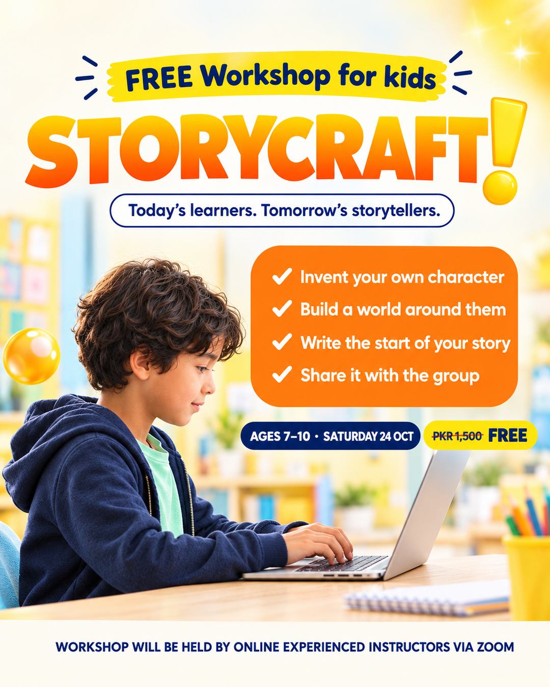 StoryCraft free creative writing workshop for kids poster: Saturday, 24 October 2026, Ages 7–10, online on Zoom